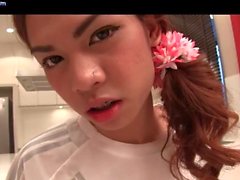 Asian shemale teenie gives blowjob