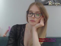 slim russian trans beauty in glasses and stockings strokes her small cock on webcam