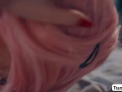 Busty shemale pink haired anal fucked by her stepbrother