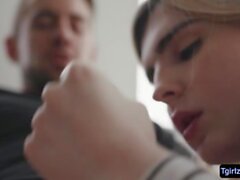 Cute ts beauty Ella Hollywood sucks Dante Colles cock in the couch