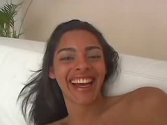 Slim Latina tranny sucks POV cock