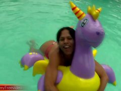 Tatooed ebony tgirl plays with good sized shemeat by pool